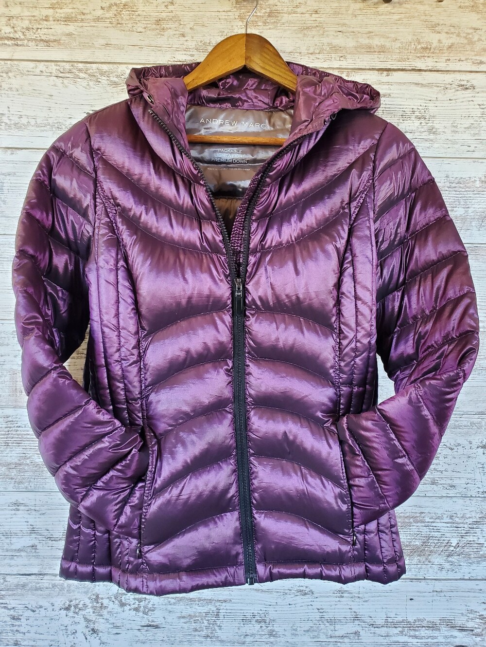 Andrew Marc Packable Premium Down Puffer Jacket Purple Plum Hooded M